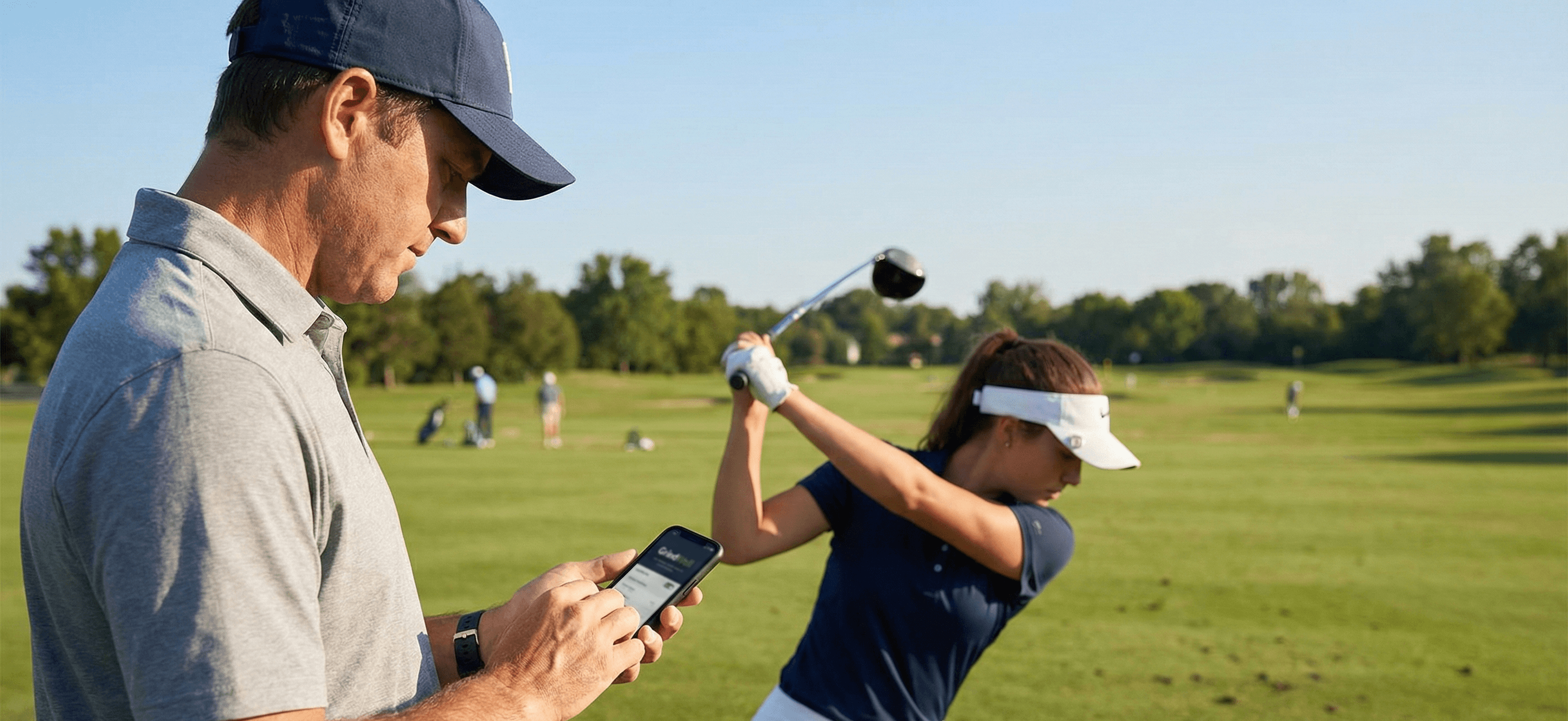 Junior golf coach working with a young athlete on the course
